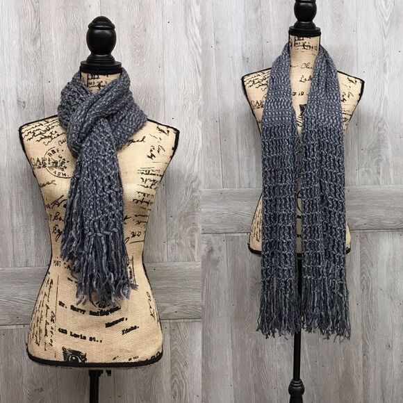 Gray Crochet Long Scarf With Fringe - Picture 1 of 3